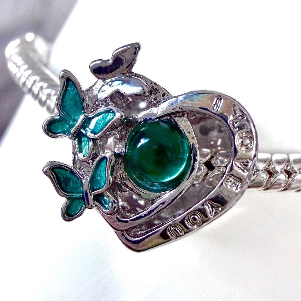 Butterfly Heart Bead Charm Fits Snake Chain Bracelet I Love You Green Teal